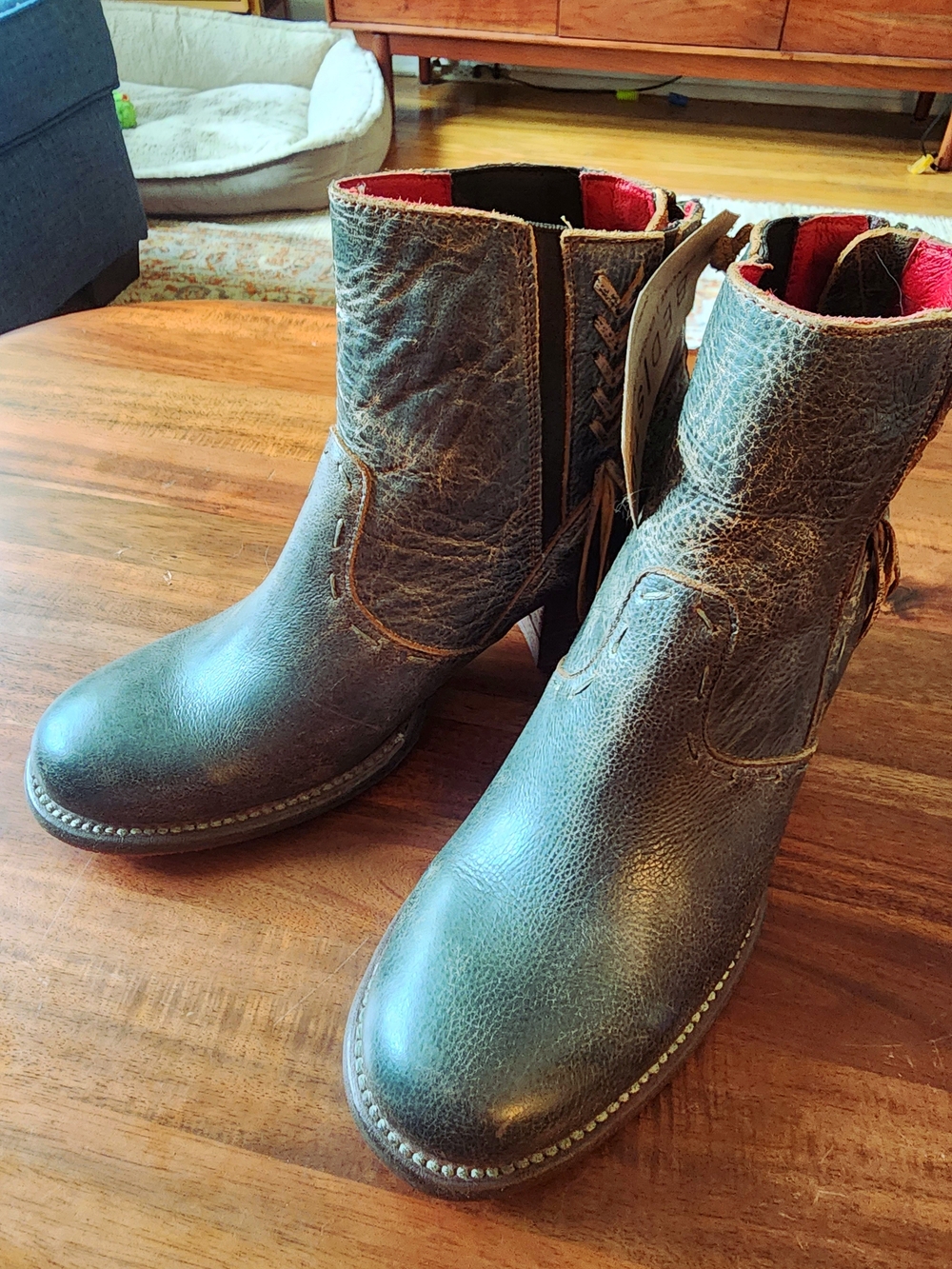 Bed Stu Celestine Teal Leather Ankle Booties with Red Lining